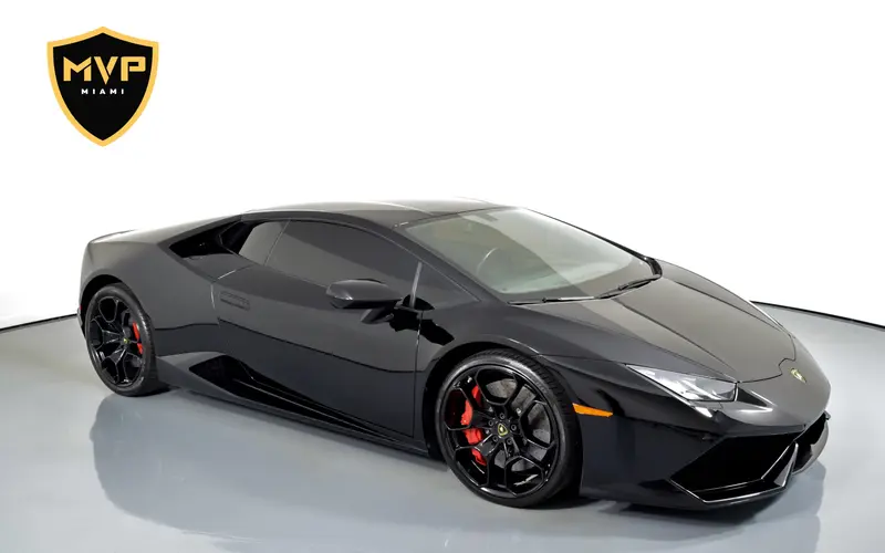 2021 Lamborghini Huracán EVO Coupe, black exterior, for rent in Miami