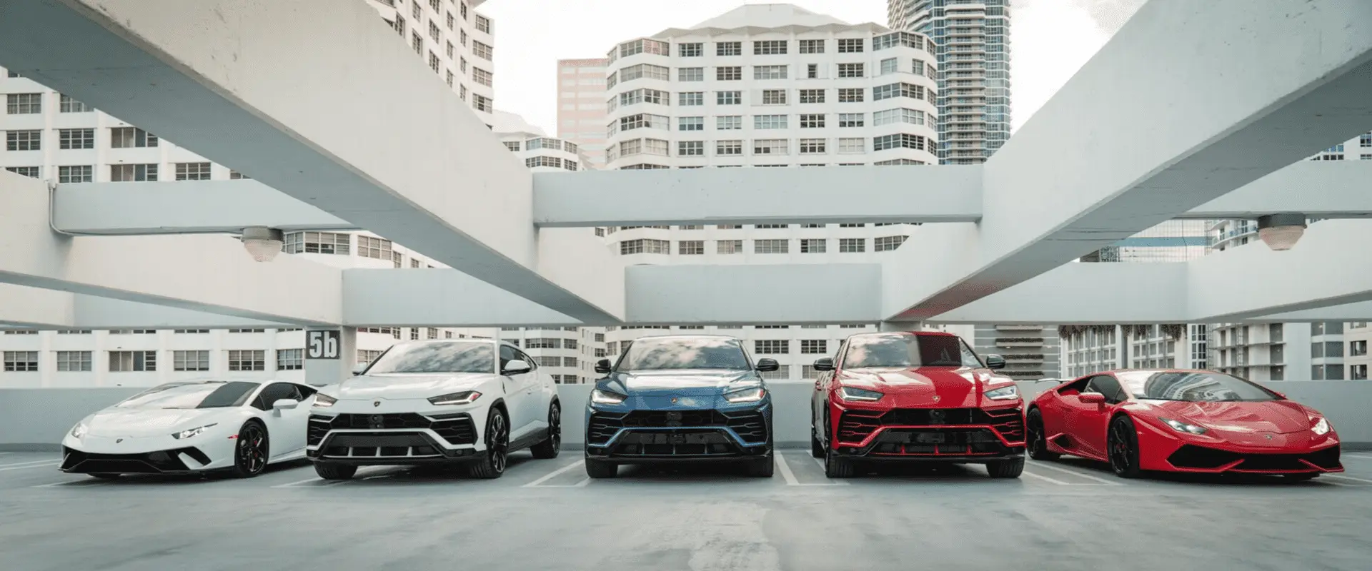 MVP Miami Lamborghini Urus and Huracán lineup on a Miami rooftop